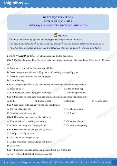 Đề số 4 - Đề kiểm tra học kì 1 - Sinh học 8